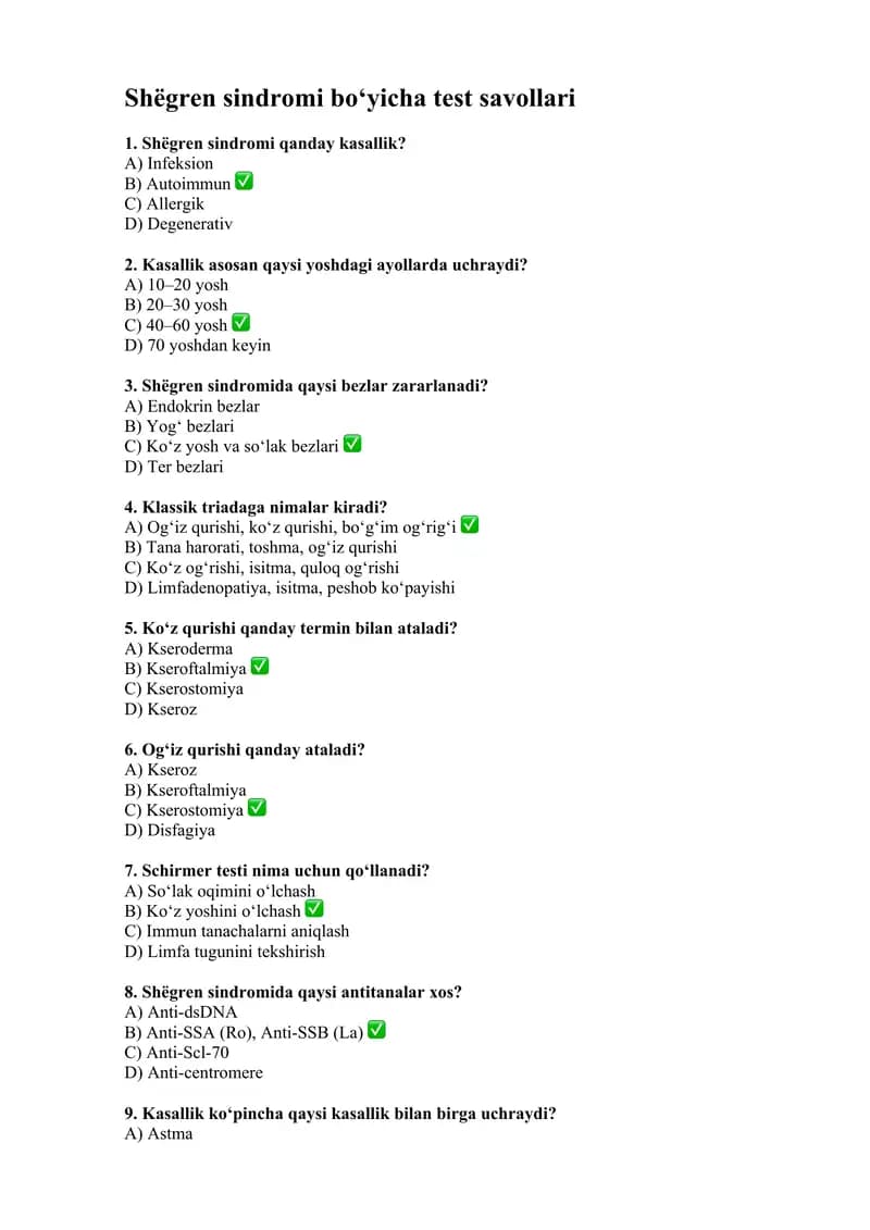 Shёgren sindromi bo‘yicha test savollari