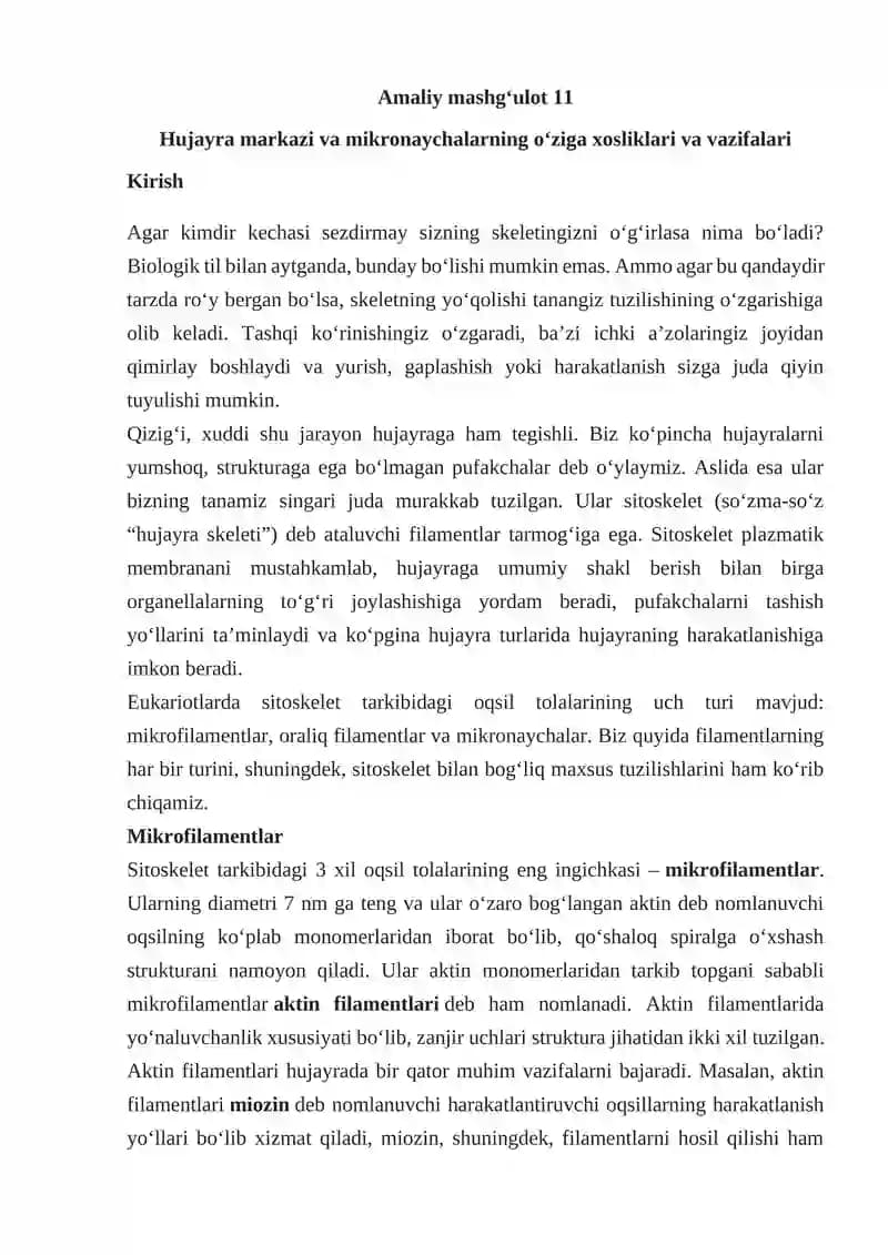 Hujayra Markazi va Mikronaychalarning O‘ziga Xosliklari va Vazifalari