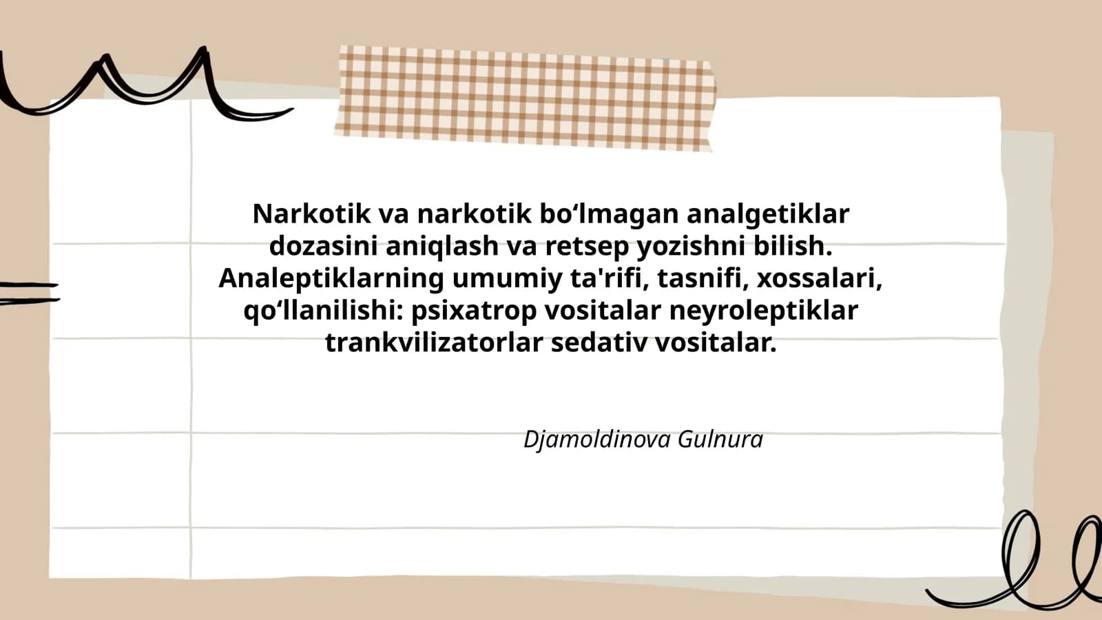 Analeptiklarning umumiy ta'rifi, tasnifi, xossalari, qoʻllanilishi: psixatrop vositalar neyroleptiklar trankvilizatorlar sedativ vositalar