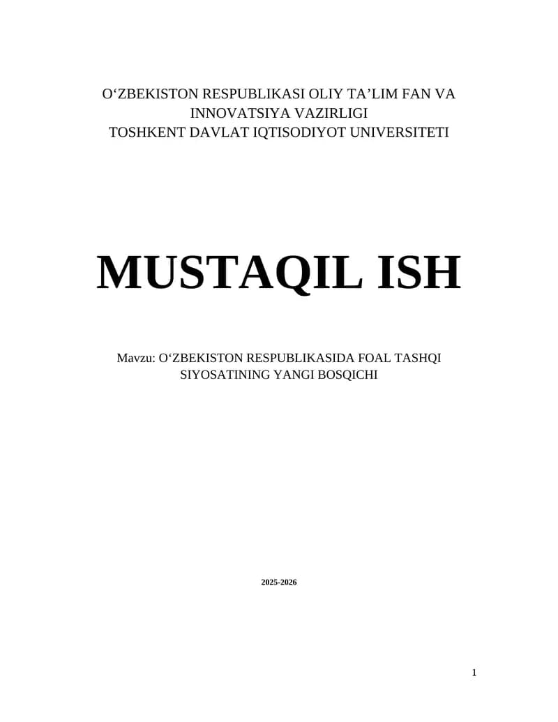 O'ZBEKISTON RESPUBLIKASIDA FOAL TASHQI SIYOSATINING YANGI BOSQICHI 2025-2026