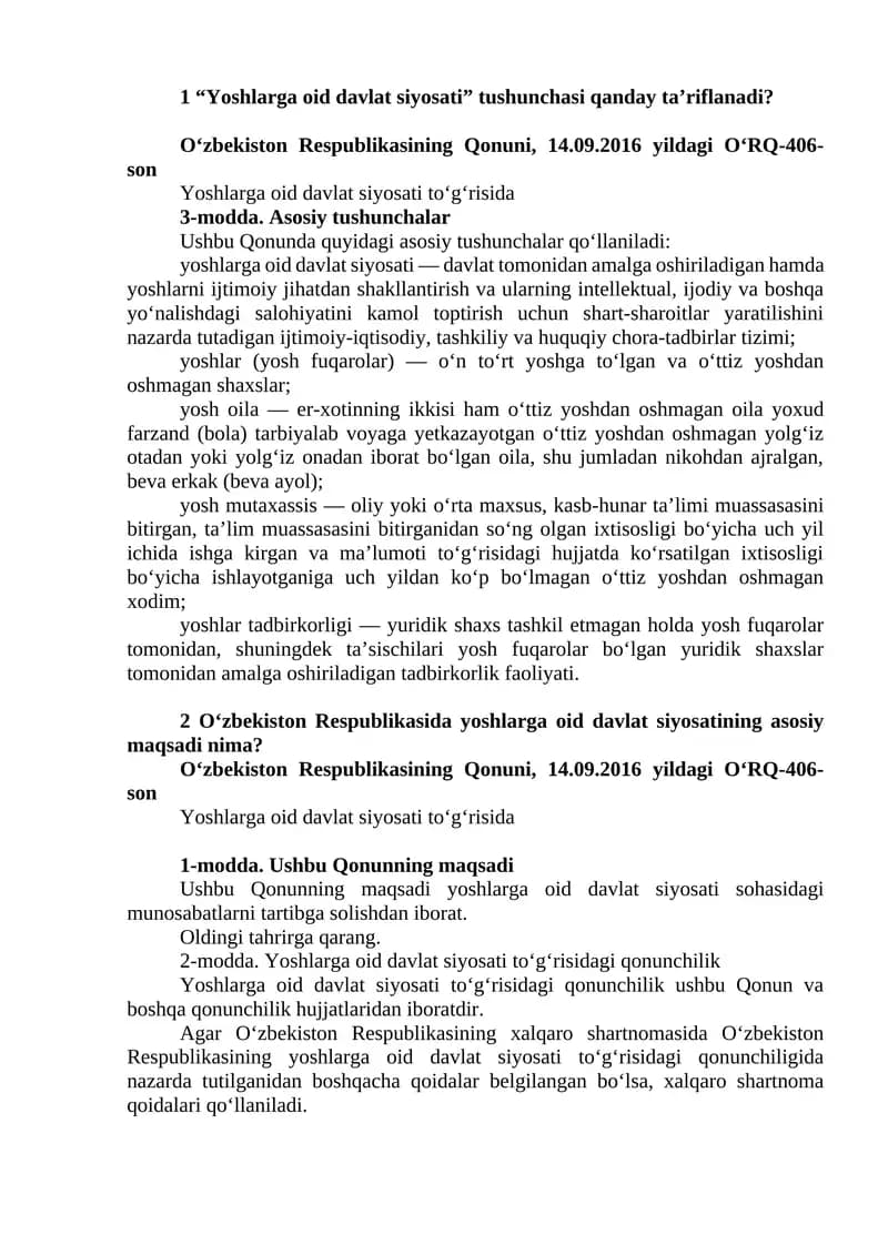Yoshlar ishlariga kirish suhbat savol javoblari