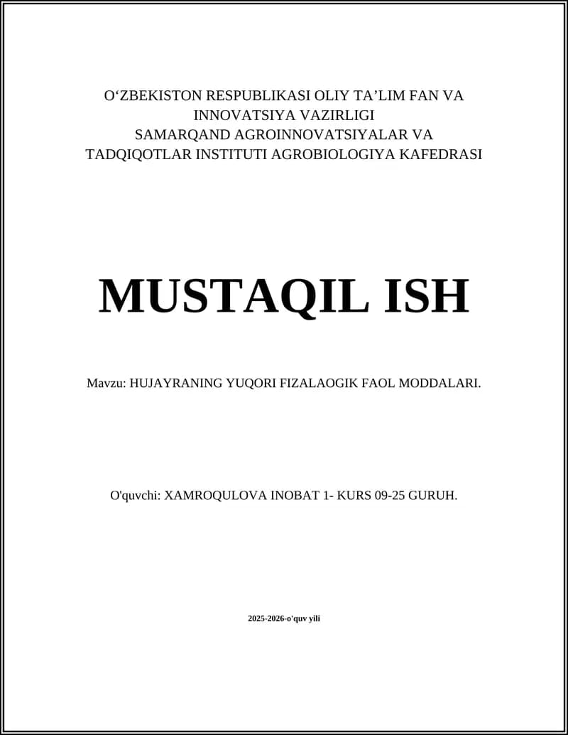 HUJAYRANING YUQORI FIZIYOLOGIK FAOL MODDALARI