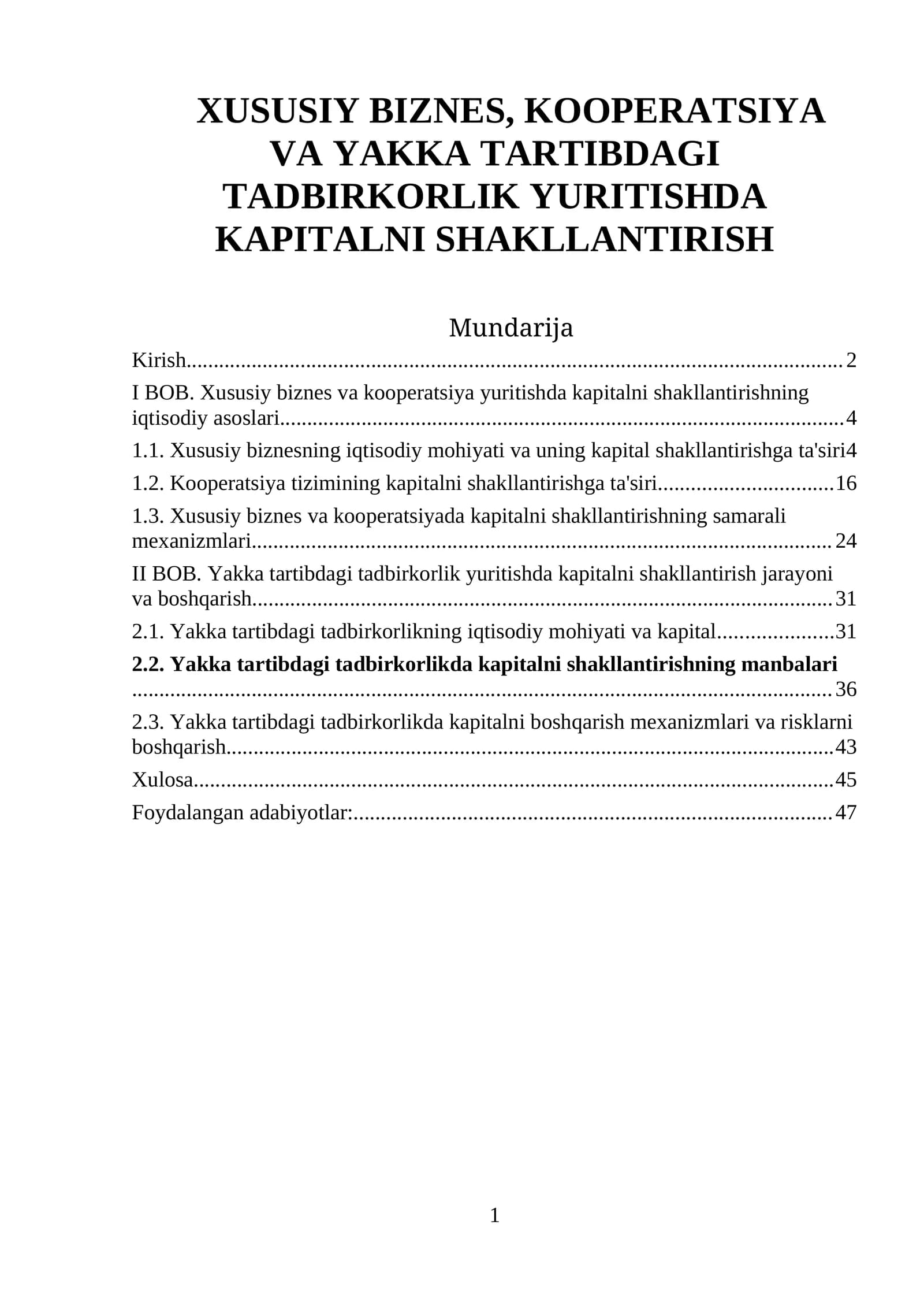 XUSUSIY BIZNES, KOOPERATSIYA VA YAKKA TARTIBDAGI TADBIRKORLIK YURITISHDA KAPITALNI SHAKLLANTIRISH