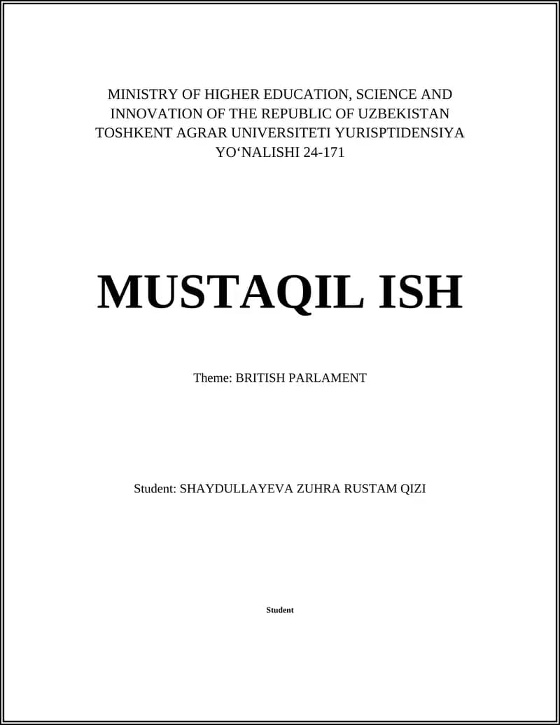 BRITISH PARLAMENT (MINISTRY OF HIGHER EDUCATION, SCIENCE AND INNOVATION OF THE REPUBLIC OF UZBEKISTAN)