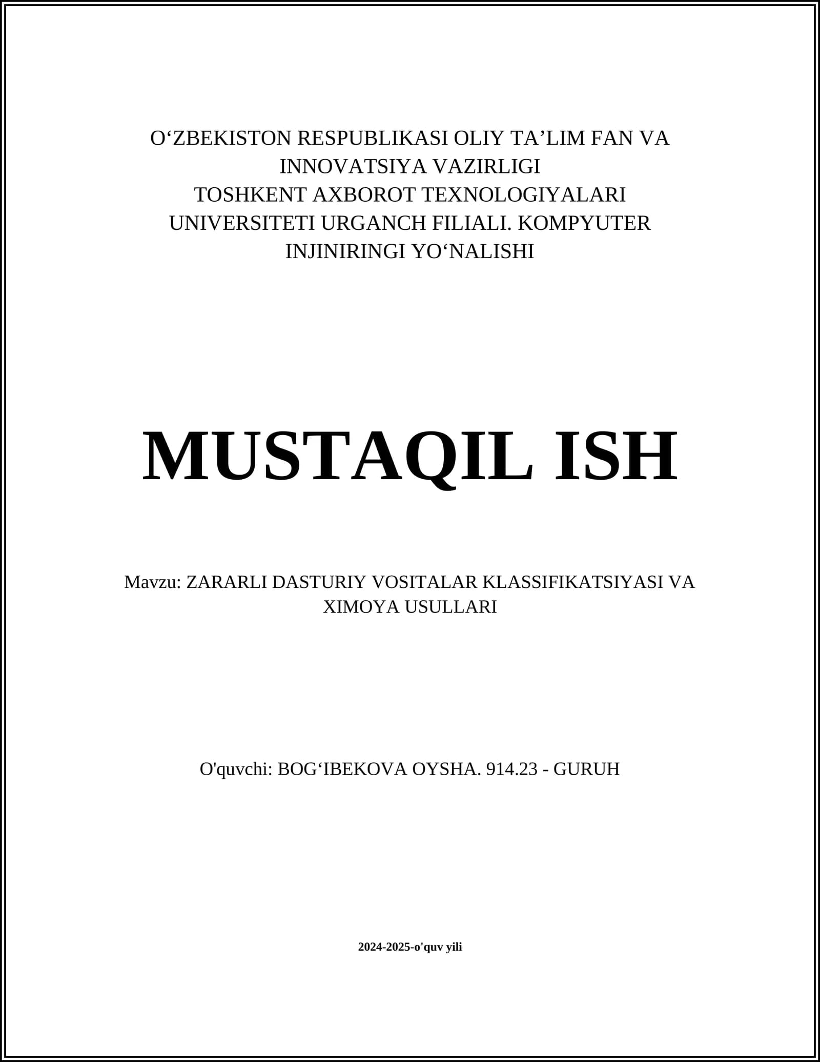 ZARARLI DASTURIY VOSITALAR KLASSIFIKATSIYASI VA XIMOYA USULLARI