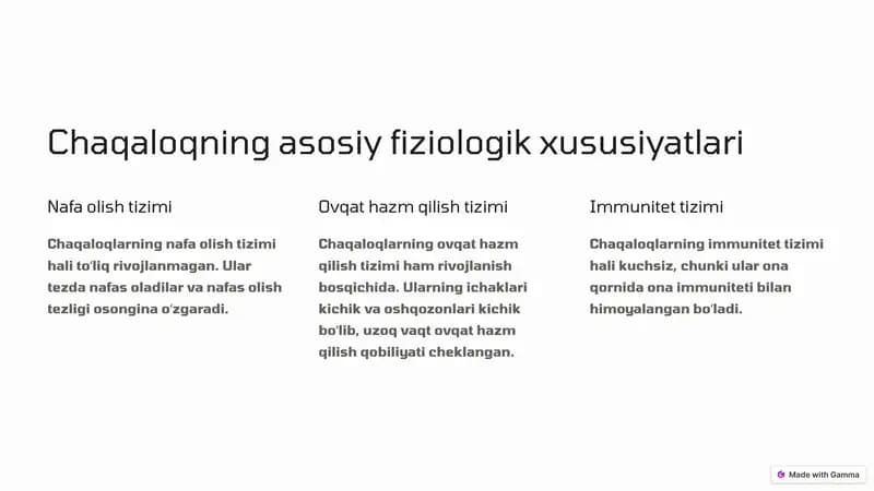 Chaqaloqning asosiy fiziologik xususiyatlari