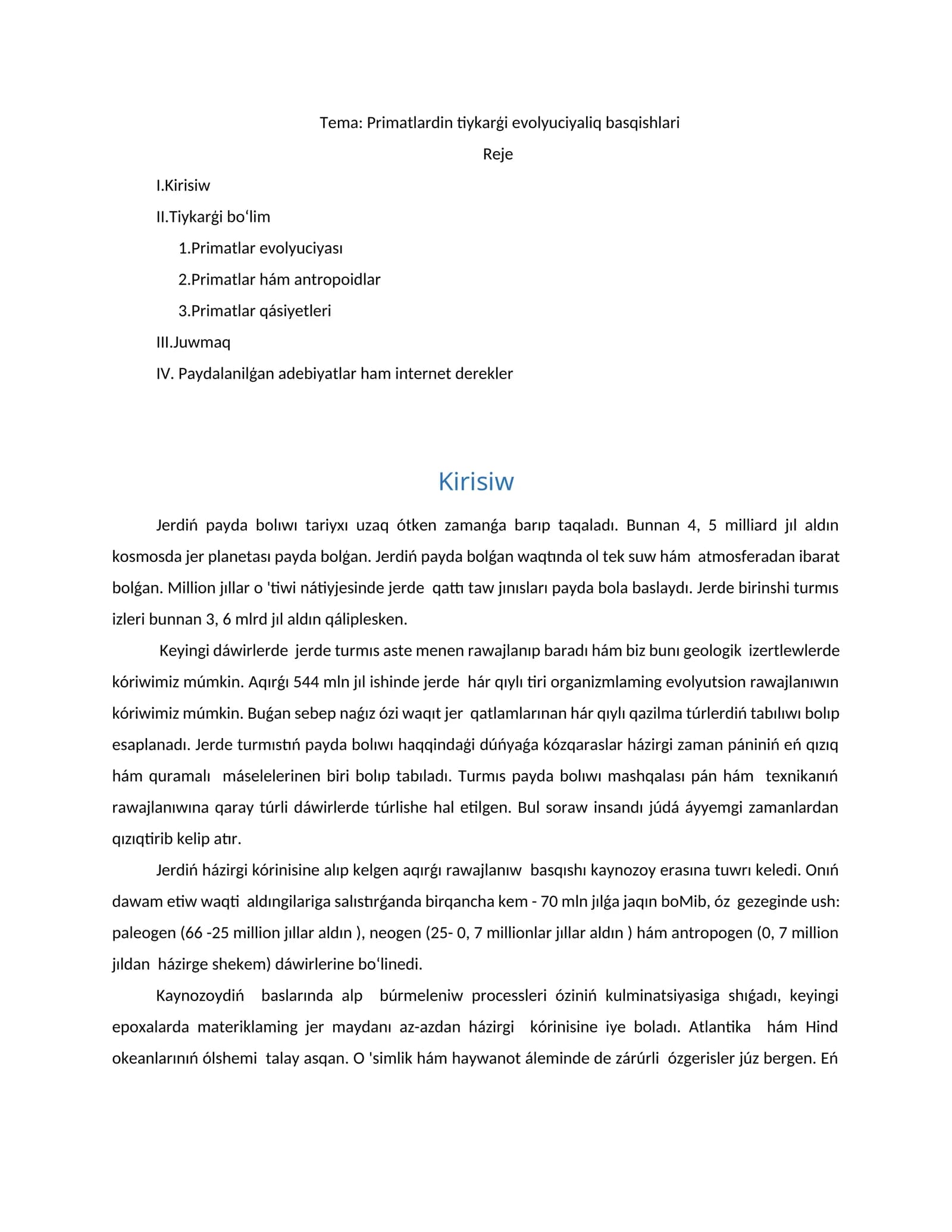 Primatlardin tiykarģi evolyuciyaliq basqishlari