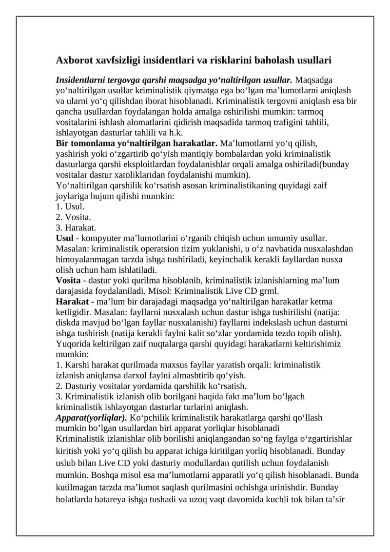 Axborot xavfsizligi insidentlari va risklarini baholash usullari