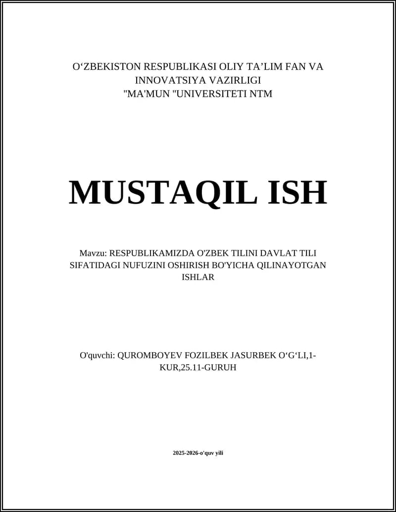 RESPUBLIKAMIZDA O'ZBEK TILINI DAVLAT TILI SIFATIDAGI NUFUZINI OSHIRISH BO'YICHA QILINAYOTGAN ISHLAR