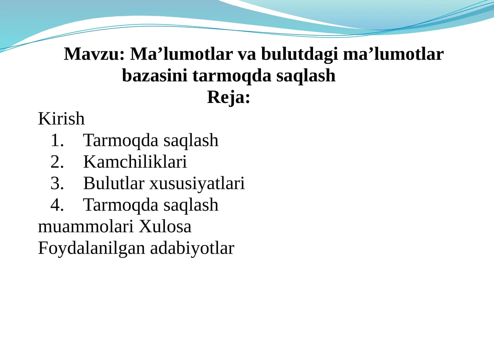 Ma’lumotlar va bulutdagi ma’lumotlar bazasini tarmoqda saqlash