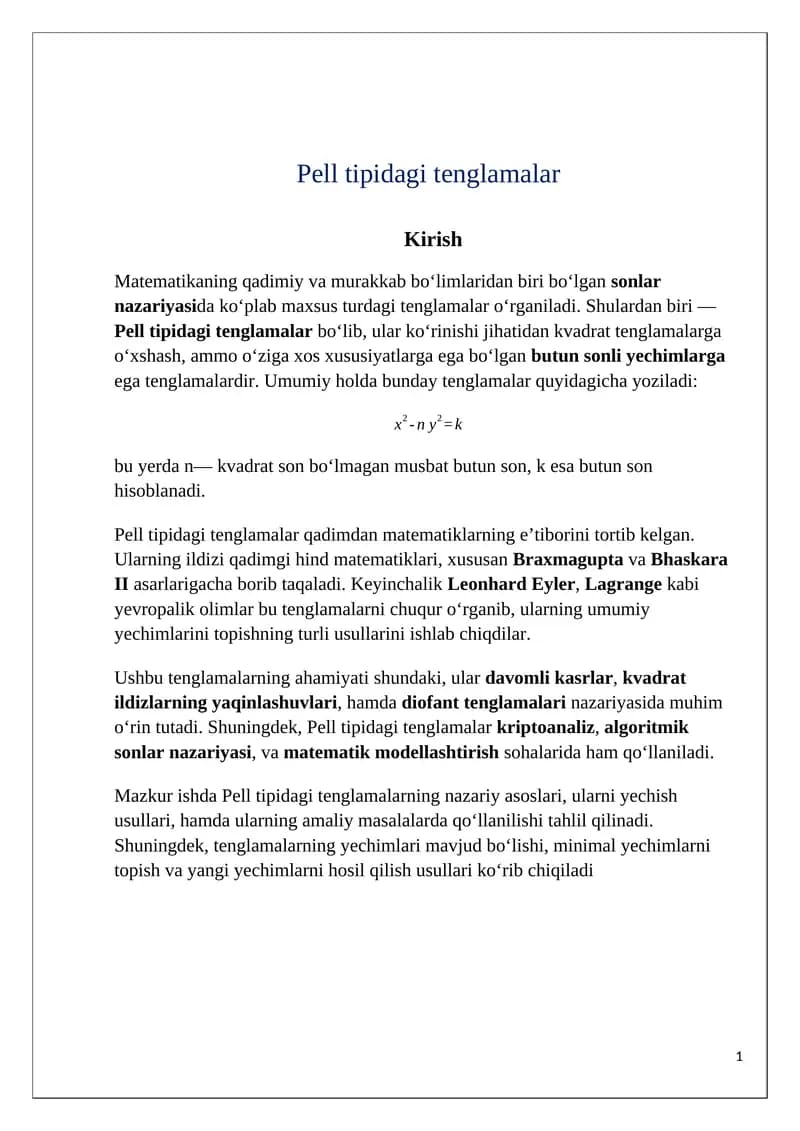 pell tipidagi tenglamalar