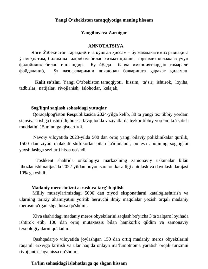 Yangi Oʻzbekiston taraqqiyotiga mening hissam