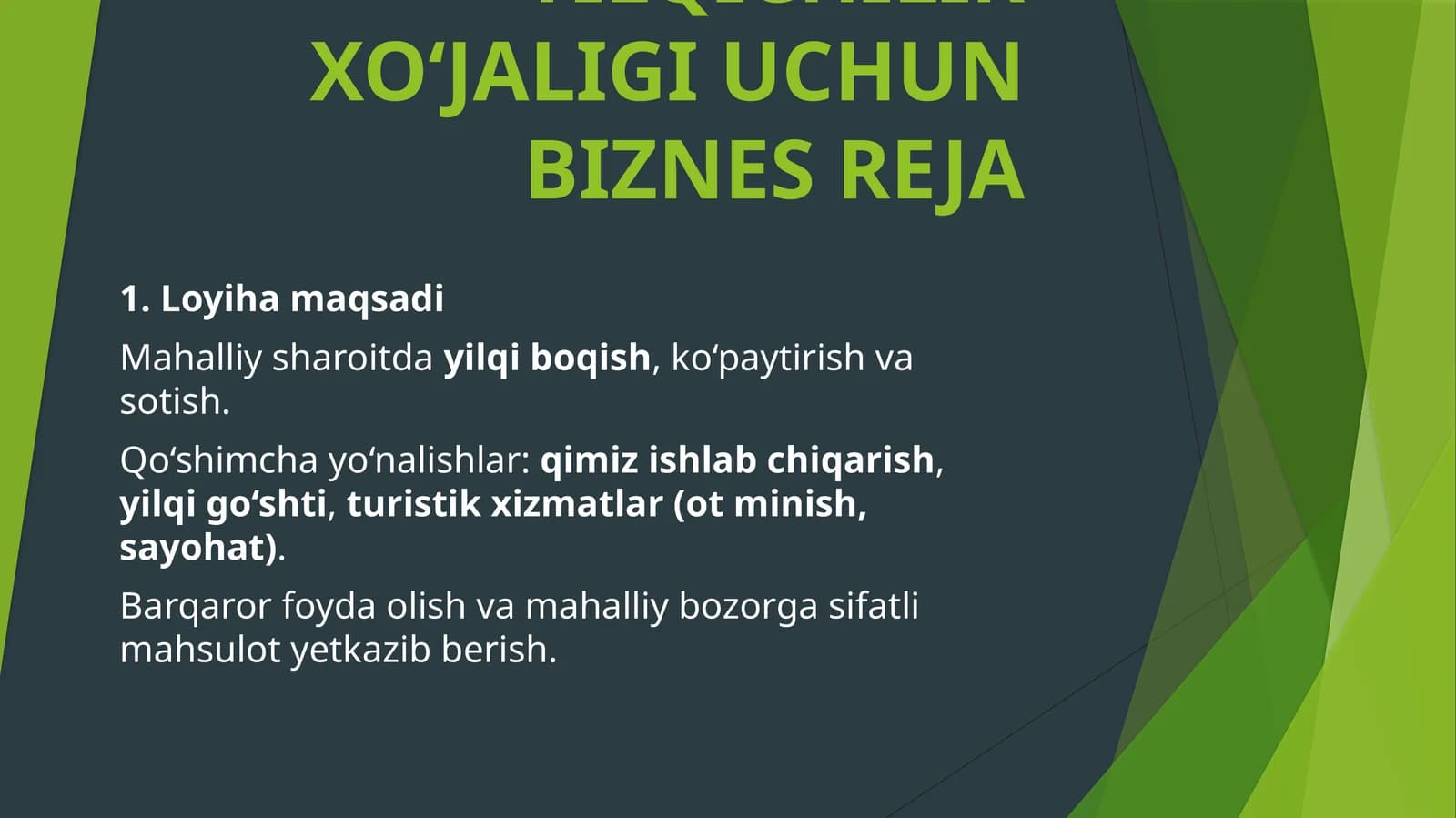 YILQICHILIK XO‘JALIGI UCHUN BIZNES REJA