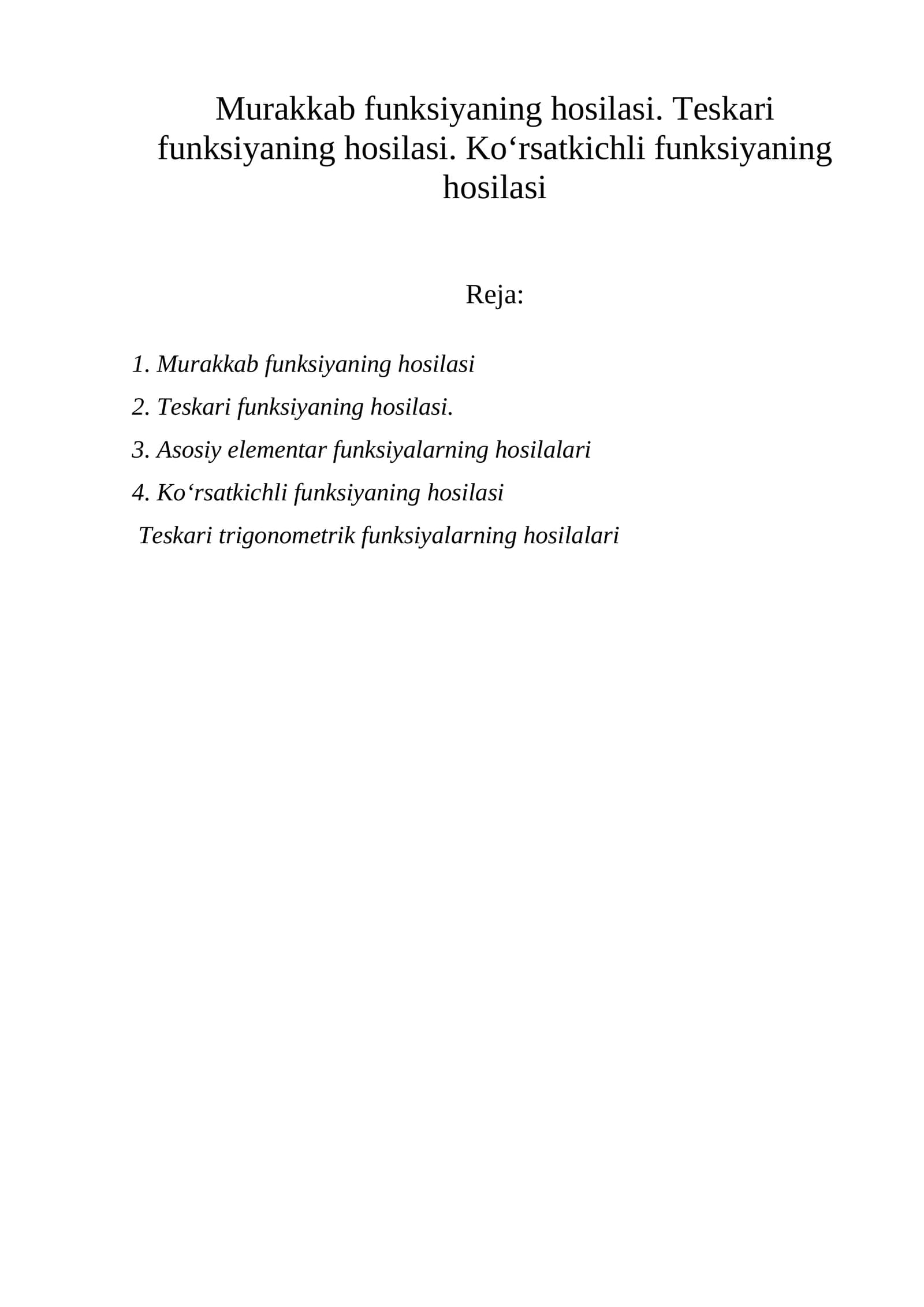 Teskari trigonometrik funksiyalarning hosilalari
