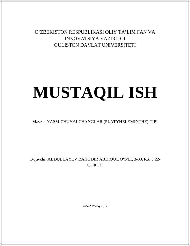 YASSI CHUVALCHANGLAR (PLATYHELEMINTHE) TIPI