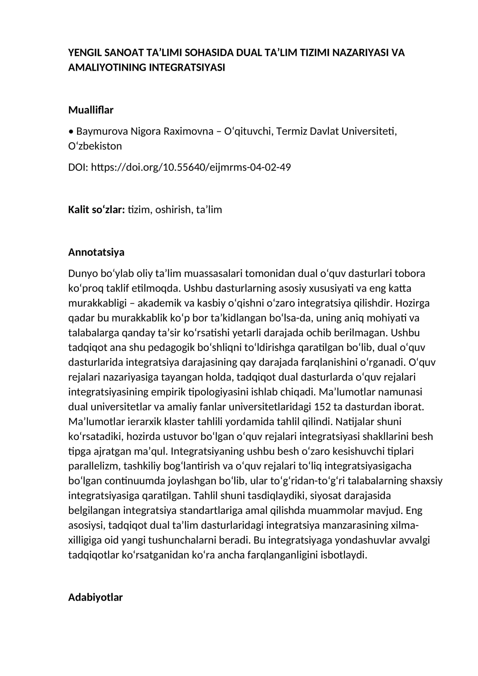 YENGIL SANOAT TA’LIMI SOHASIDA DUAL TA’LIM TIZIMI NAZARIYASI VA AMALIYOTINING INTEGRATSIYASI