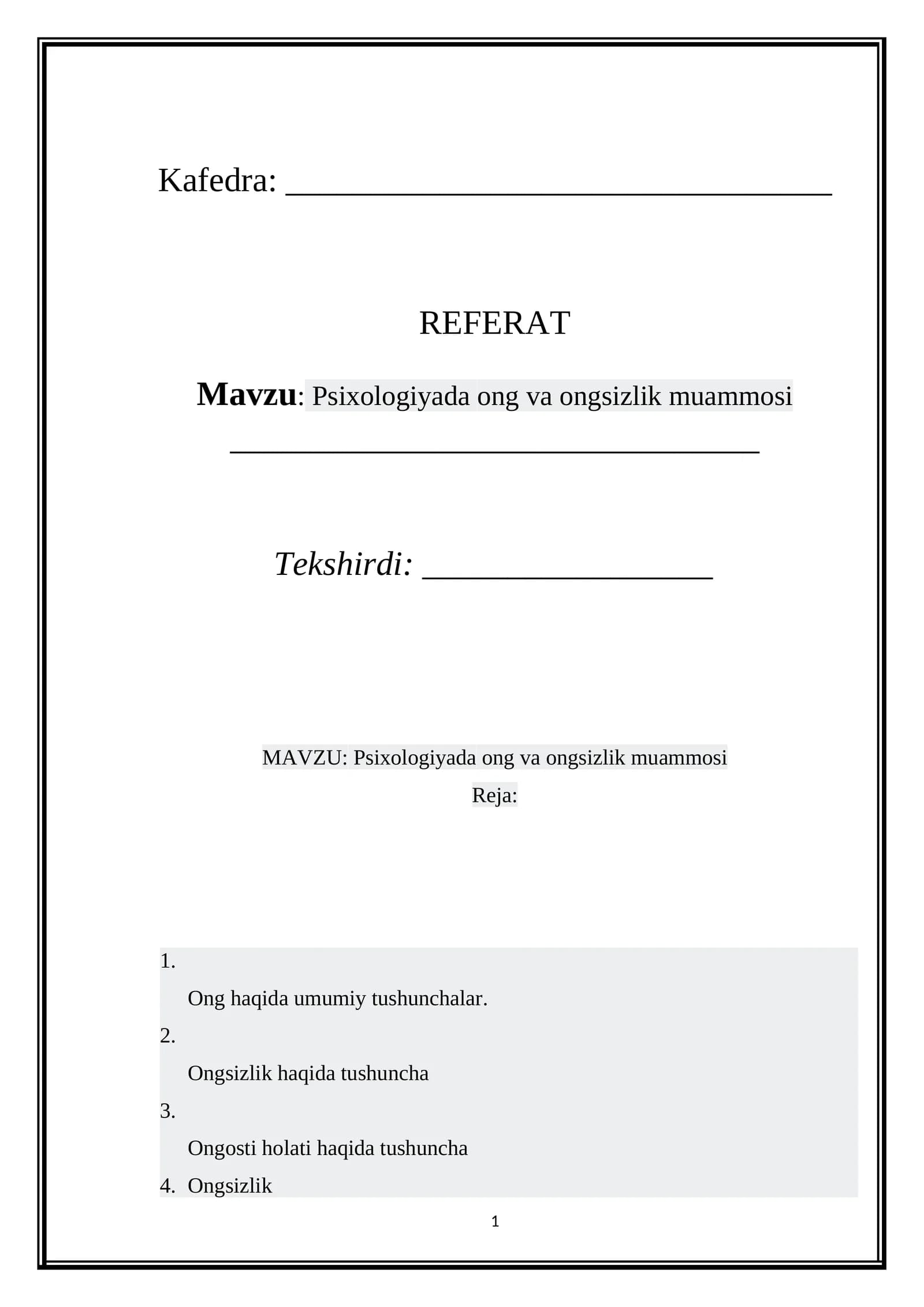 Psixologiyada ong va ongsizlik muammosi