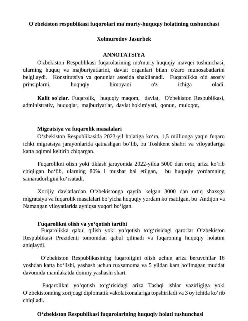 O'zbekiston respublikasi fuqorolari ma'muriy-huquqiy holatining tushunchasi