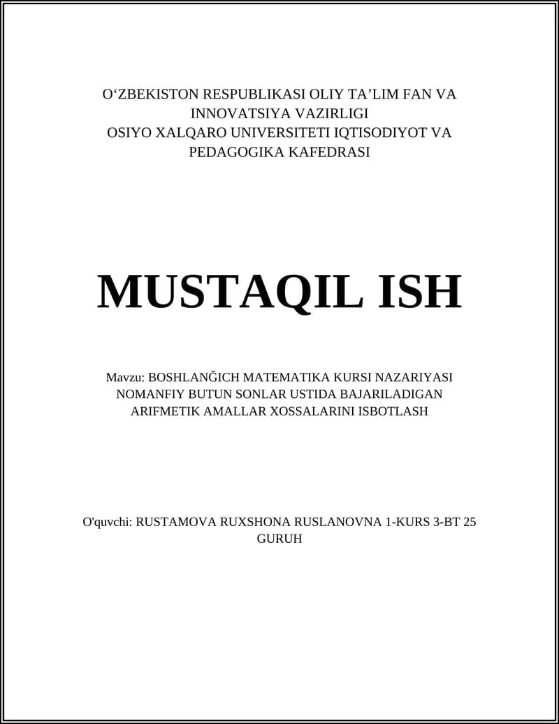 BOSHLANĞICH MATEMATIKA KURSI NAZARIYASI