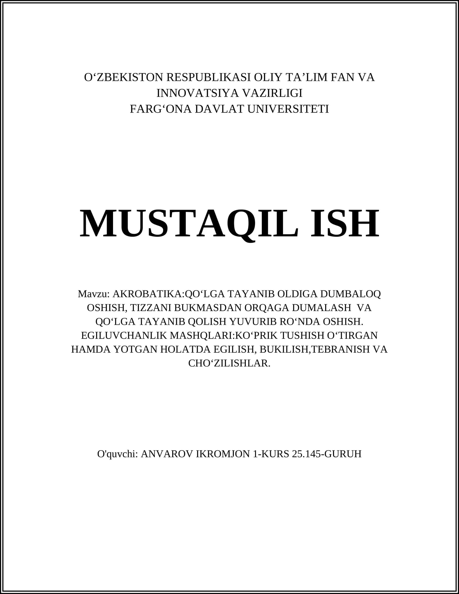 AKROBATIKA:QO‘LGA TAYANIB OLDIGA DUMBALOQ OSHISH
