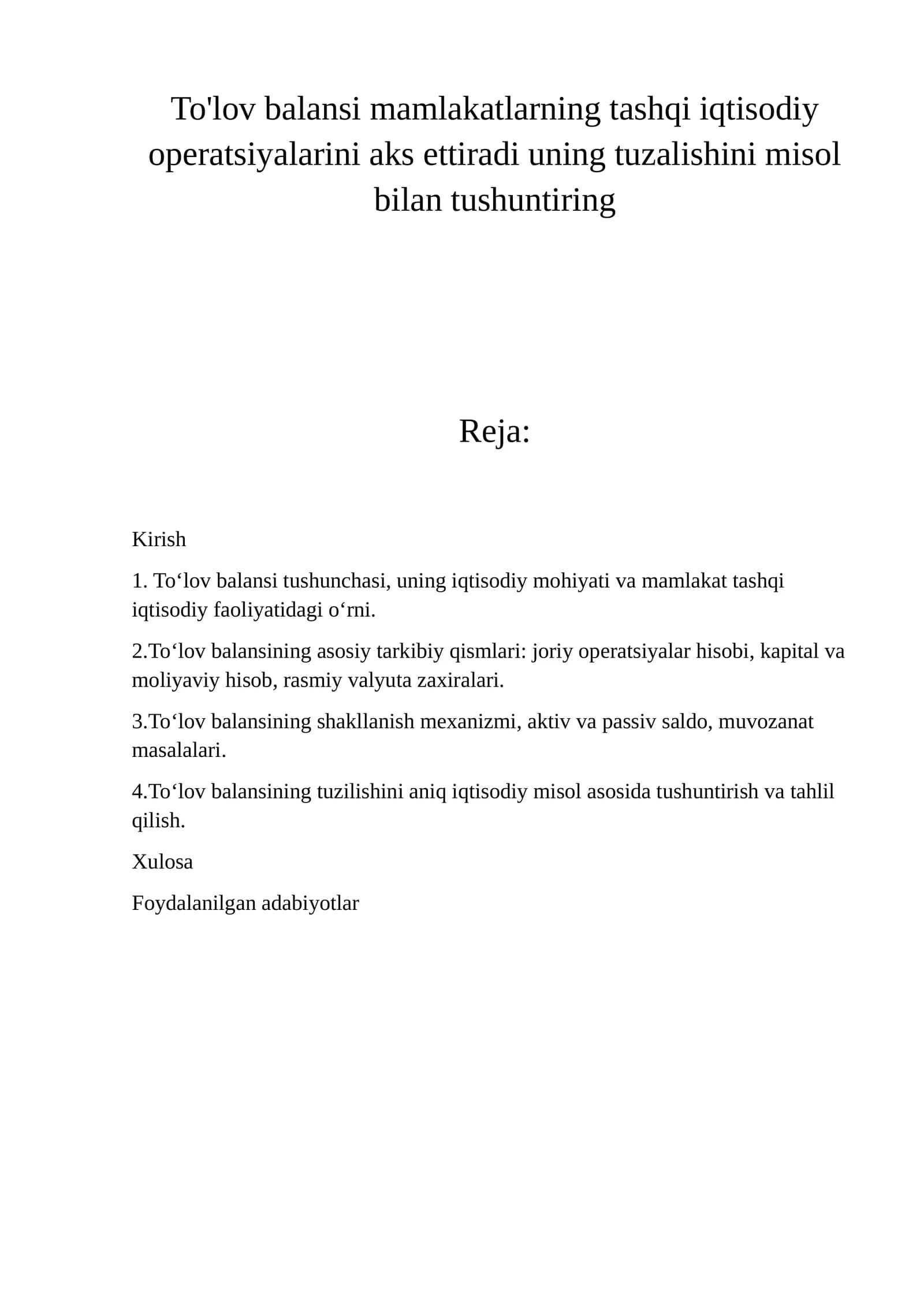 To'lov balansi tushunchasi va undagi mohiyati