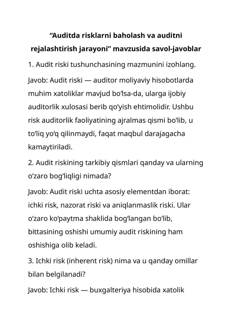 Audit risklarni baholash va auditni rejalashtirish jarayoni