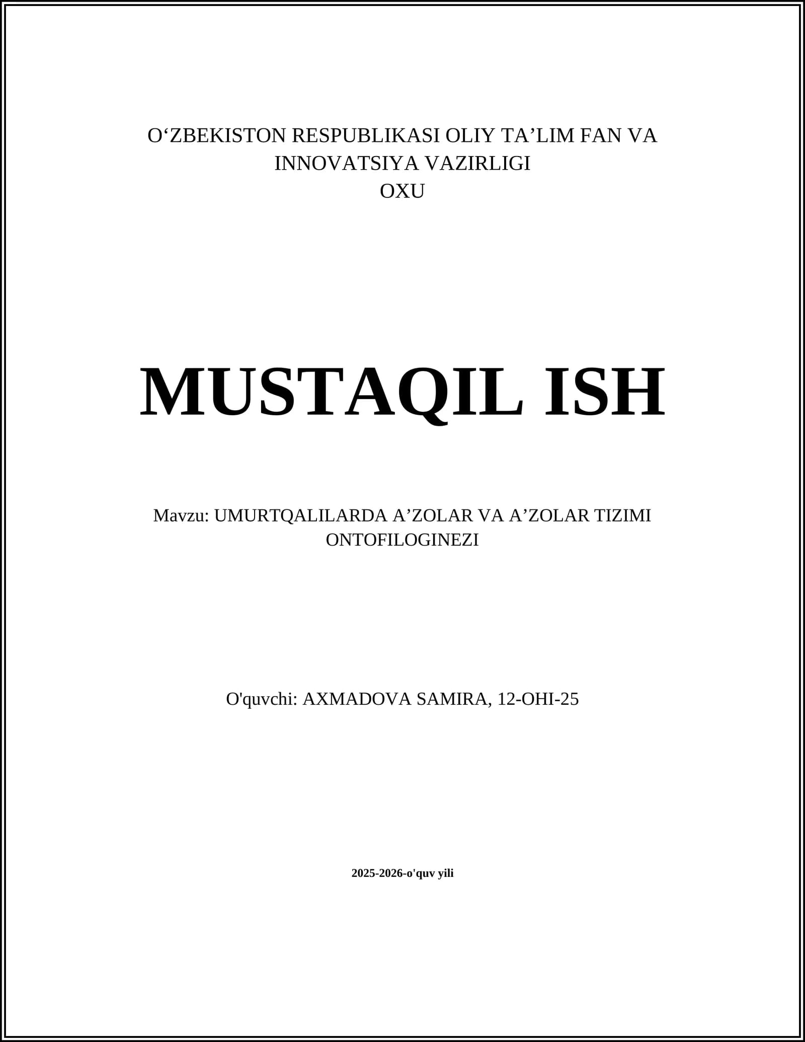 UMURTQALILARDA AʼZOLAR VA AʼZOLAR TIZIMI ONTOFILOGINEZI
