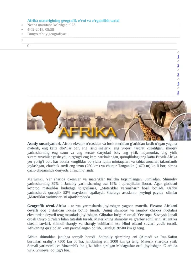 Afrika materigining geografik o‘rni va o‘rganilish tarixi