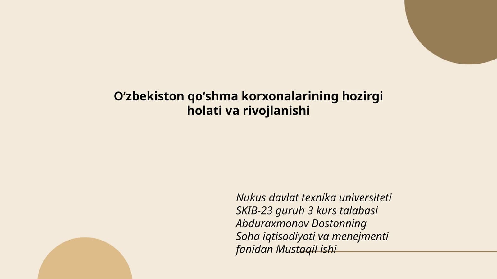 Soha iqtisodiyoti va menejmenti fanidan Mustaqil ishi