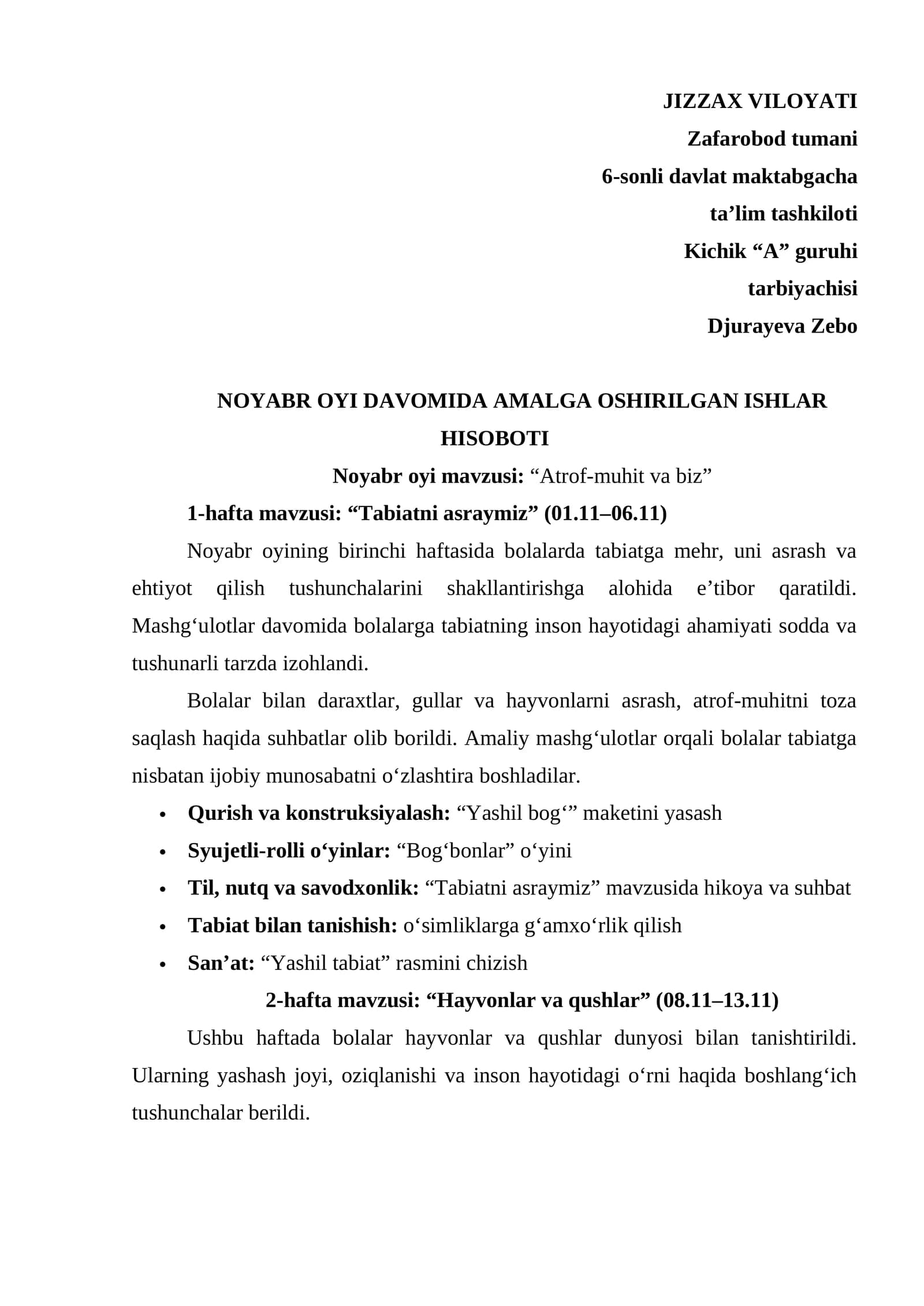 Maktabgacha ta;lim tarbiyachisi uchun Noyabr hisoboti