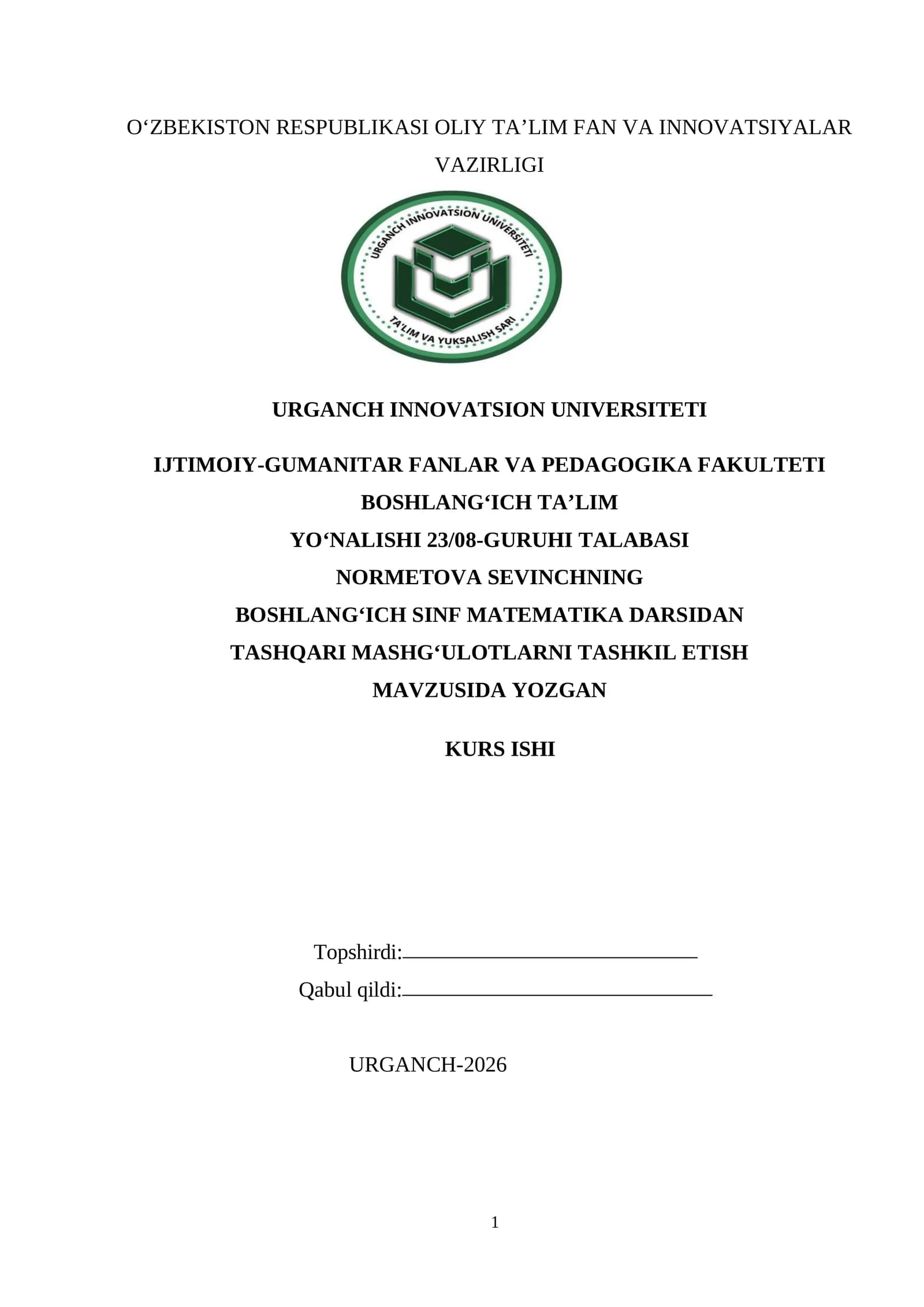 BOSHLANGʻICH SINF MATEMATIKA DARSIDAN TASHQARI MASHG‘ULOTLARNI TASHKIL ETISH