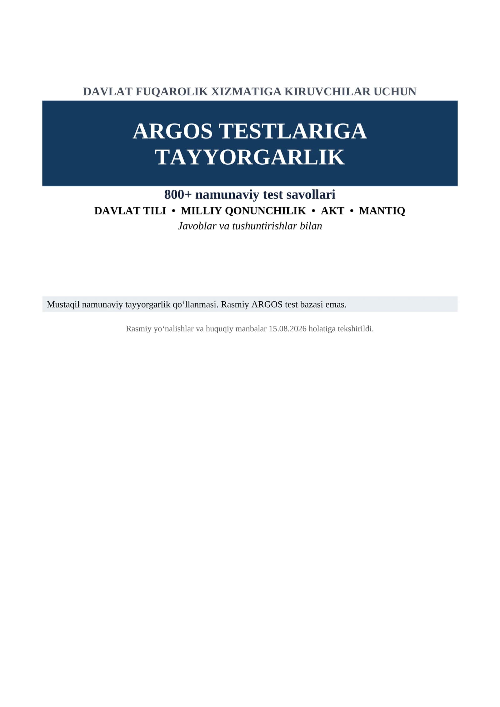 ARGOS davlat fuqarolik xizmatiga tayyorgarlik | Davlat tili + Milliy qonunchilik + AKT + Mantiq | 800+ test | Javoblari bilan