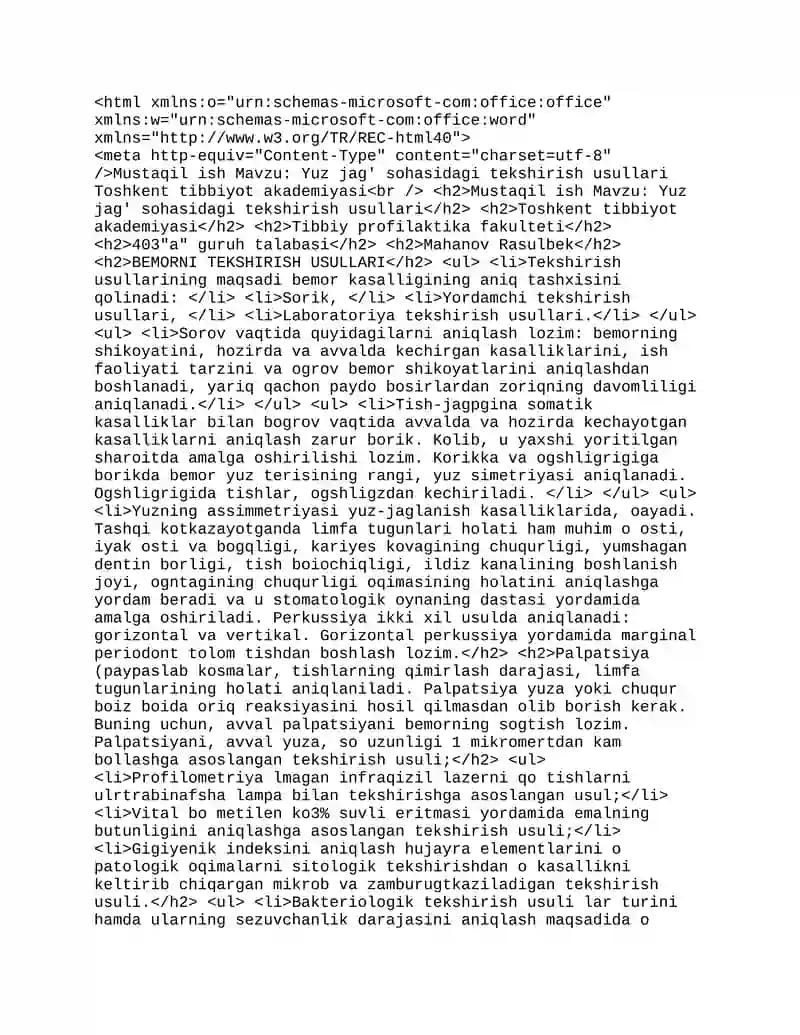Mustaqil ish Mavzu: Yuz jag' sohasidagi tekshirish usullari