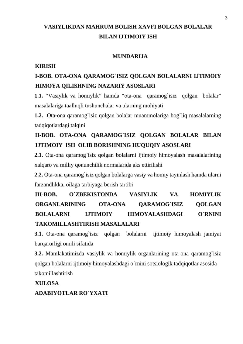 Vasiylikdan mahrum bolish xavfi bilgan bolalar bilan ijtimoiy ish