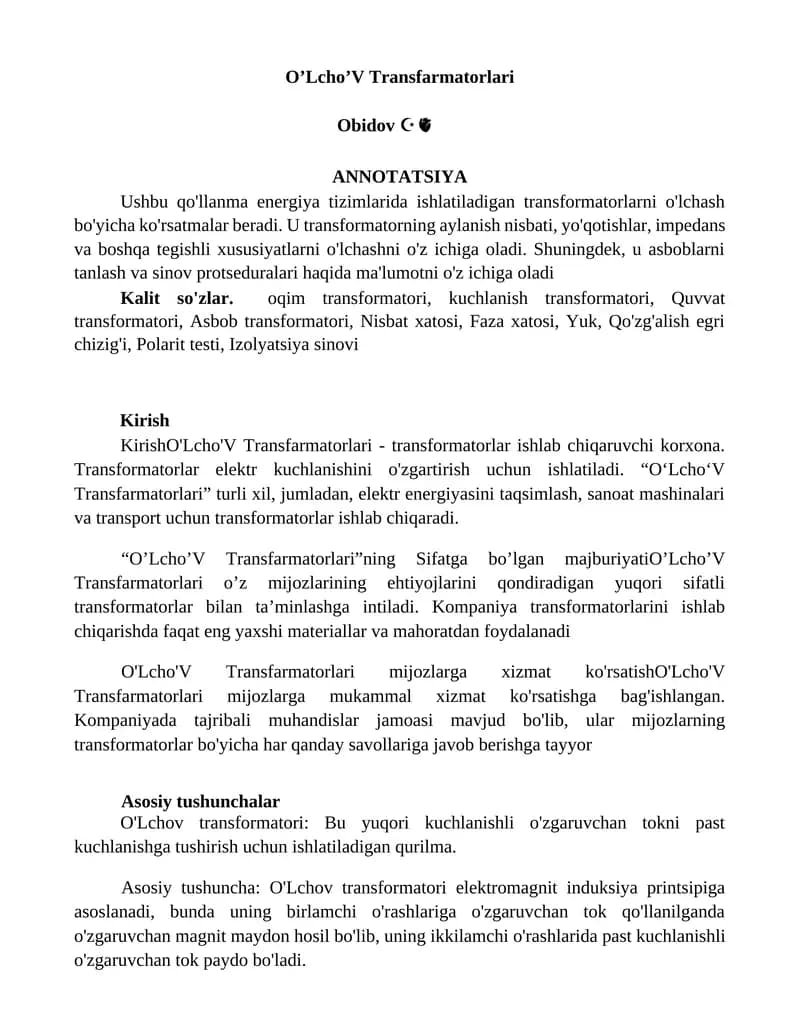 O’Lcho’V Transfarmatorlari