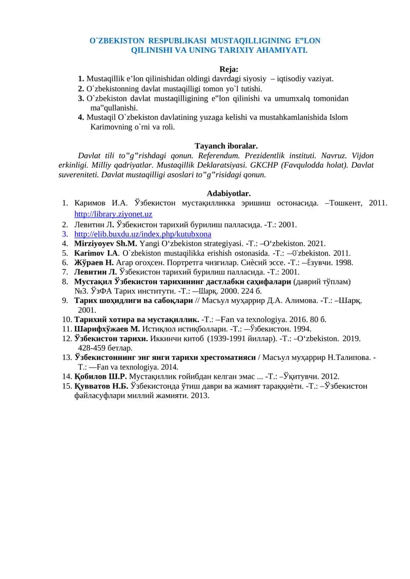 O`ZBEKISTON RESPUBLIKASI MUSTAQILLIGINING E‟LON QILINISHI VA UNING TARIXIY AHAMIYATI