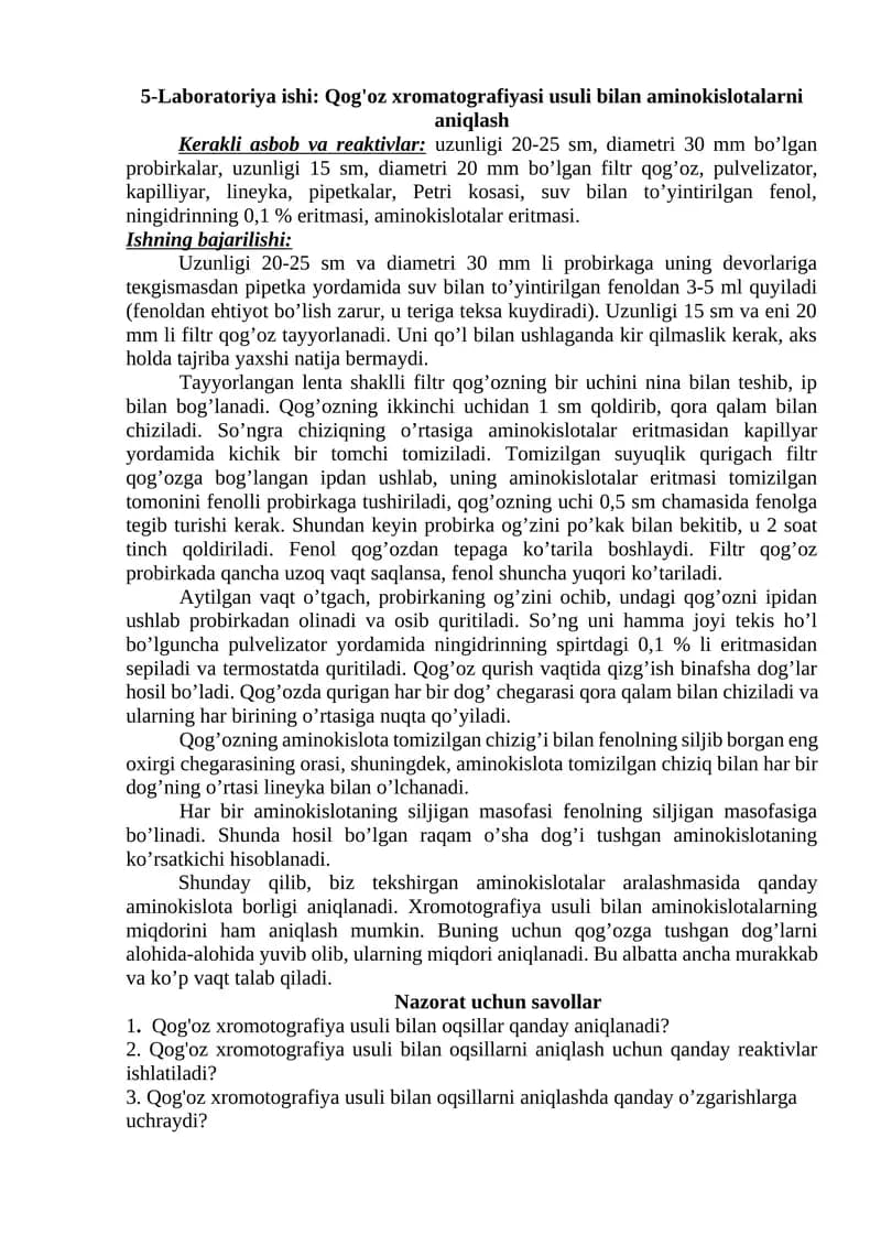 5-Laboratoriya ishi: Qog'oz xromatografiyasi usuli bilan aminokislotalarni aniqlash