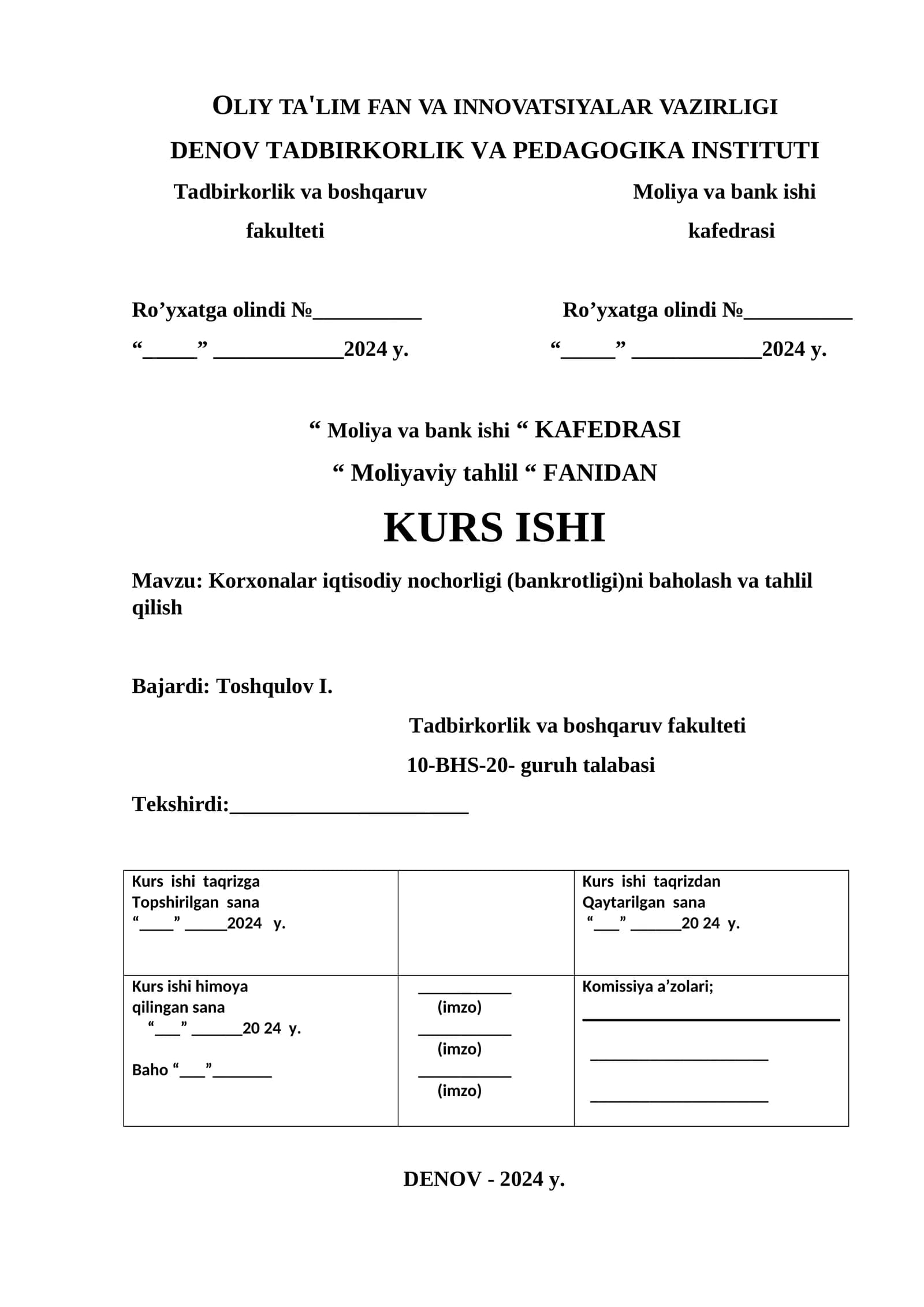 Korxonalar iqtisodiy nochorligi (bankrotligi)ni baholash va tahlil qilish