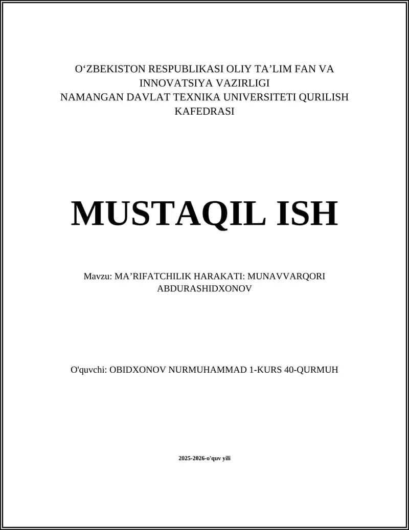 MAʼRIFATCHILIK HARAKATI: MUNAVVARQORI ABDURASHIDXONOV