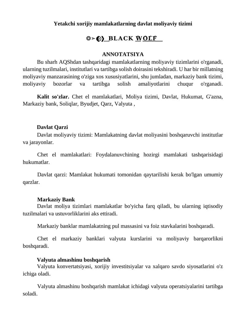 Yetakchi xorijiy mamlakatlarning davlat moliyaviy tizimi