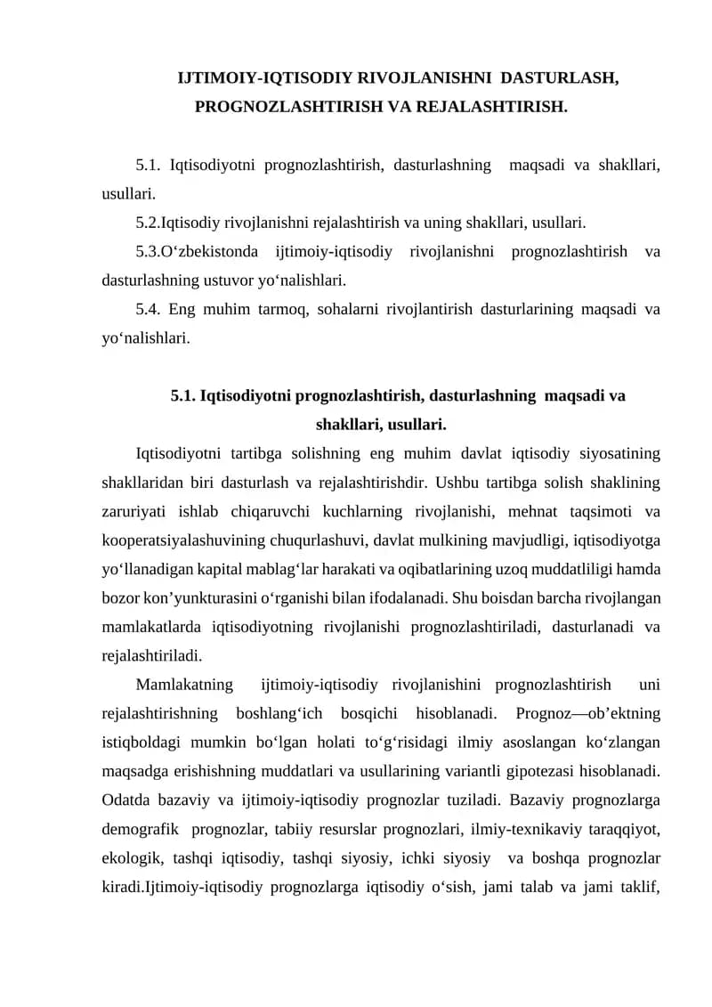 IJTIMOIY-IQTISODIY RIVOJLANISHNI DASTURLASH, PROGNOZLASHTIRISH VA REJALASHTIRISH