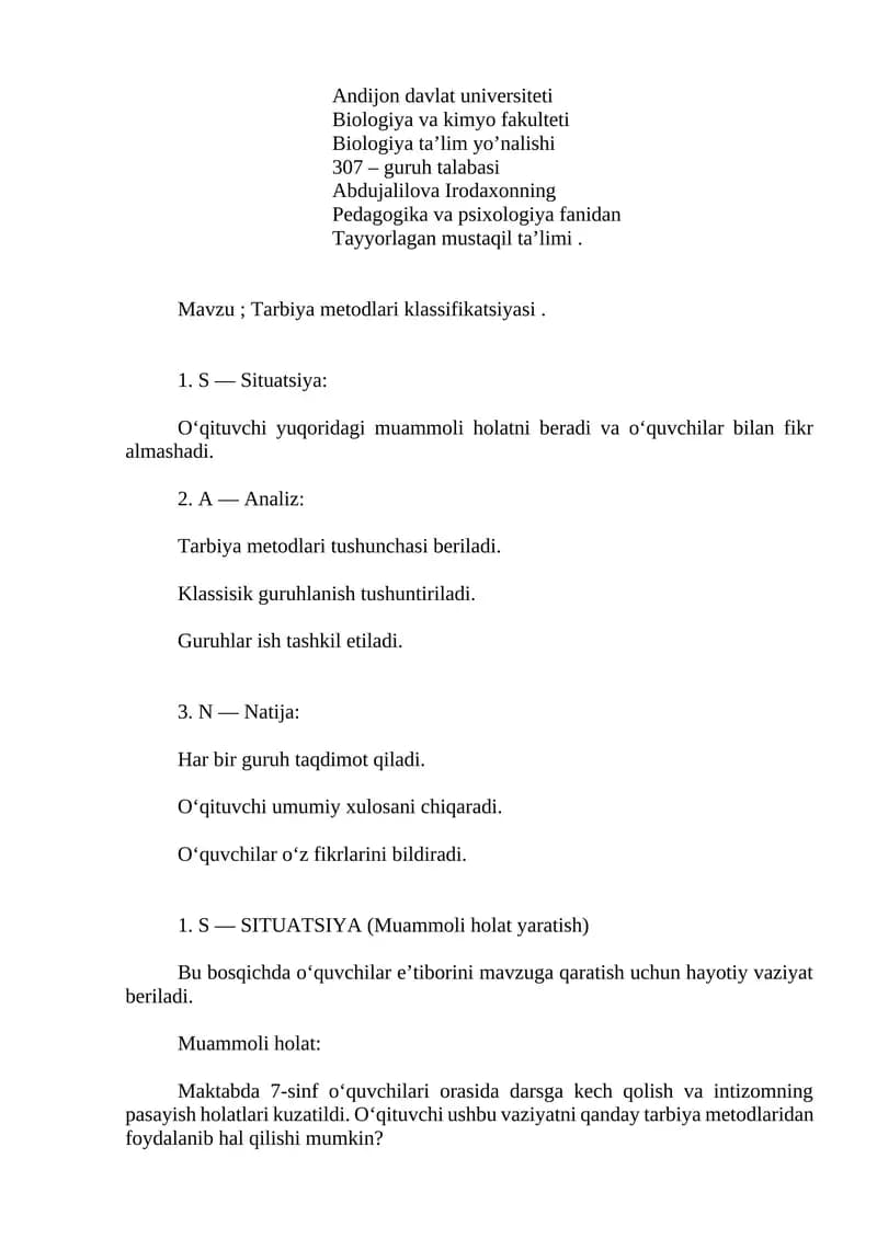 Tarbiya Metodlari Klassifikatsiyasi