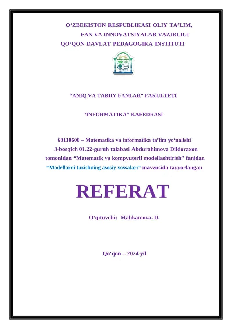 Modellarni tuzishning asosiy xossalari