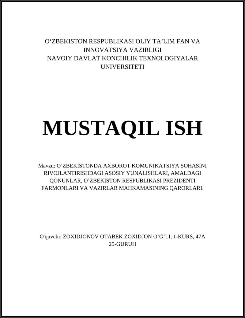 O‘zbekistonda Axborot Kommunikatsiya Sohasini Rivojlantirishdagi Asosiy Yunalishlari