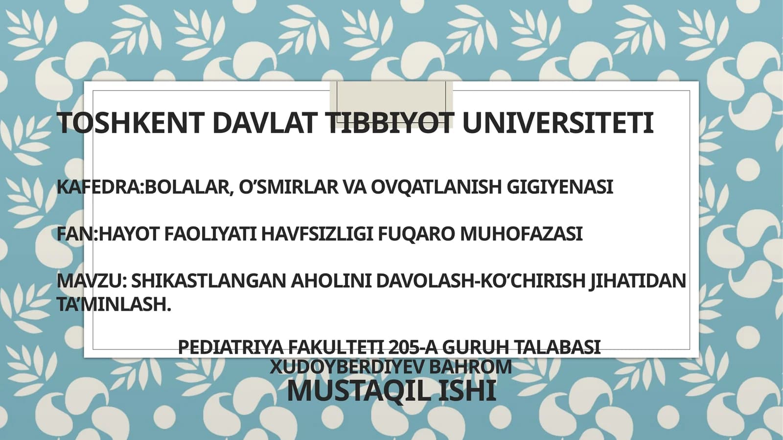 Shikastlangan aholini davolash-ko’chirish jihatidan ta’minlash
