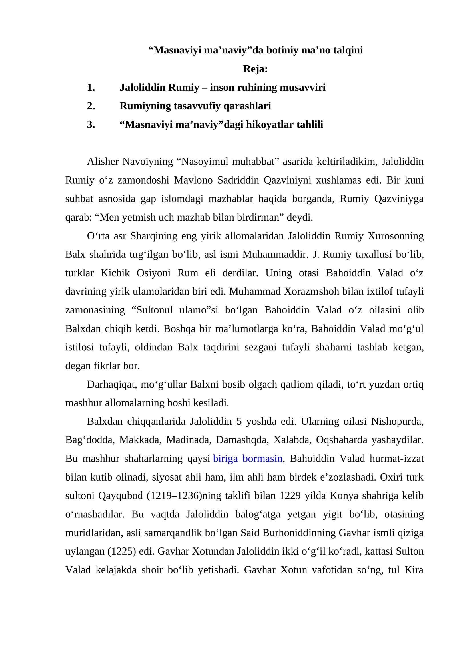 “Masnaviyi ma’naviy”da botiniy ma’no talqini