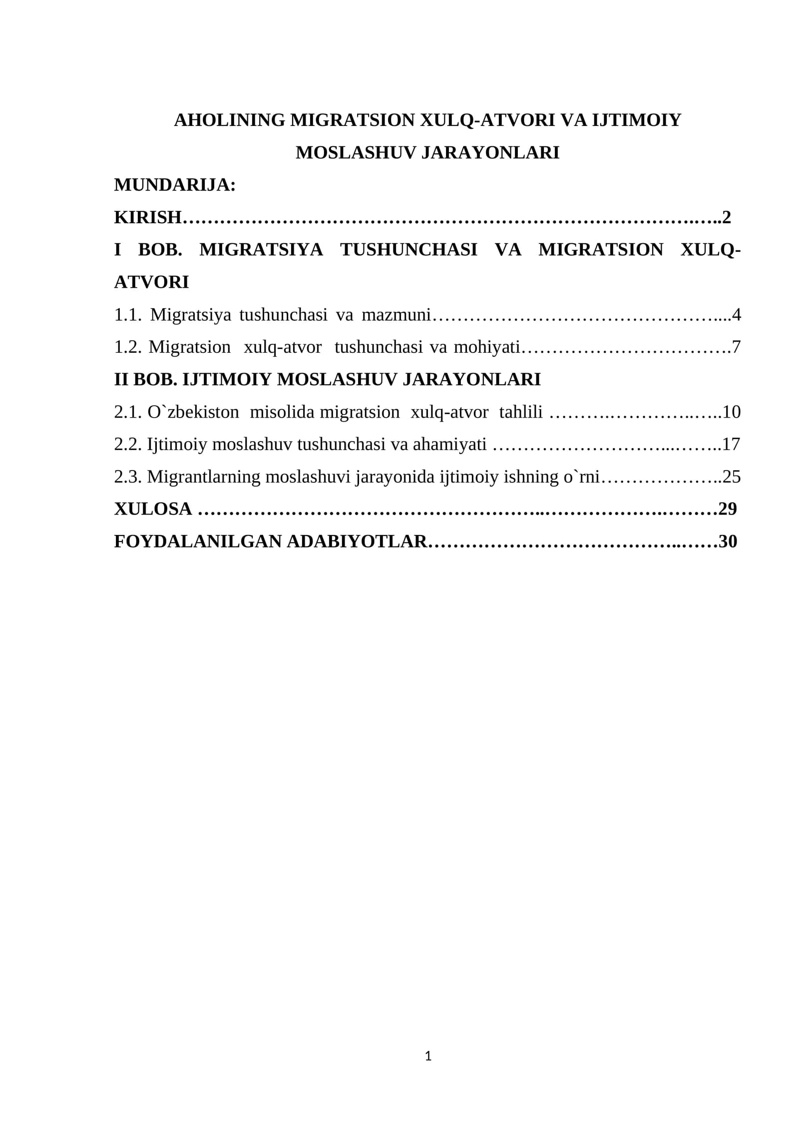 AHOLINING MIGRATSION XULQ-ATVORI VA IJTIMOIY MOSLASHUV JARAYONLARI