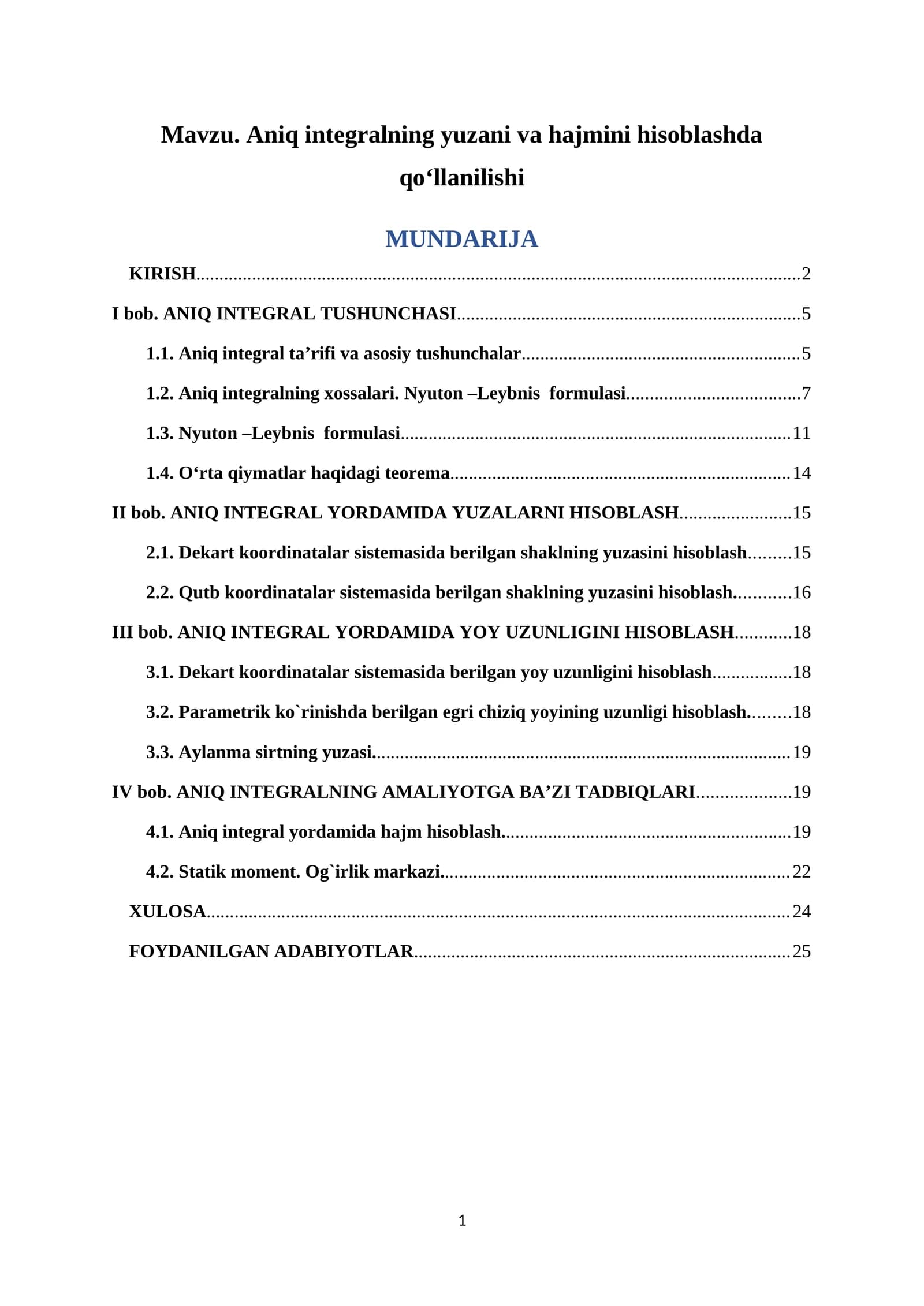 Aniq integralning yuzani va hajmini hisoblashda qoʻllanilishi