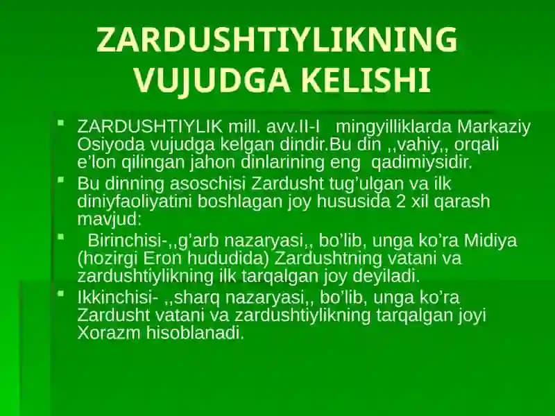 ZARDUSHTIYLIKNING VUJUDGA KELISHI