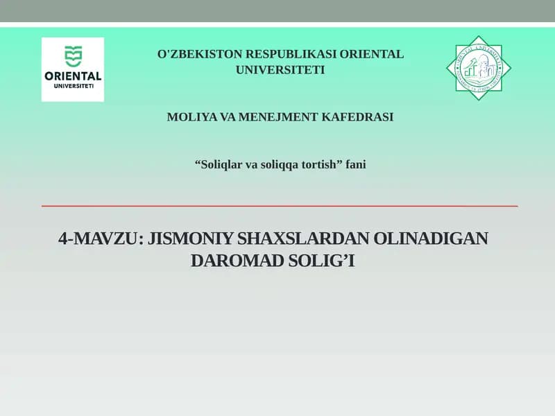 Jismoniyshaxslardanolinadigandaromadsolig’i
